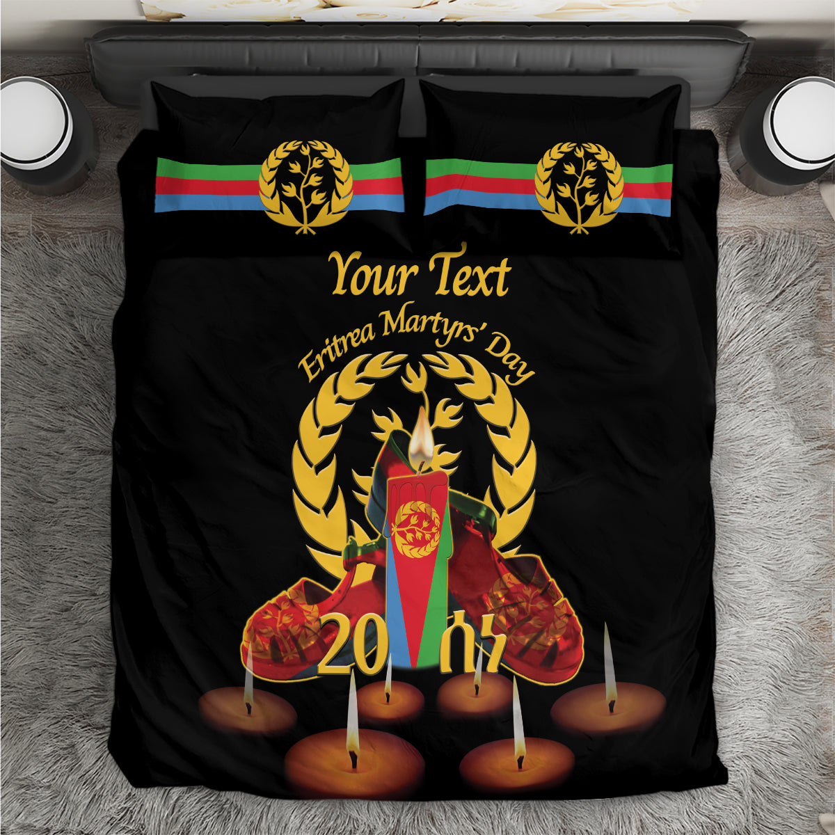 Black bedding set with two pillows, flag stripes, candles, and wreath emblem graphic