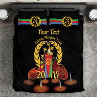 Black bedding set with two pillows, flag stripes, candles, and wreath emblem graphic
