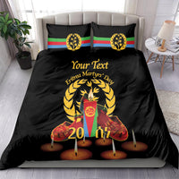 Black duvet and two pillow shams with flag stripes, candles, and memorial emblem