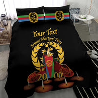 Black duvet cover and two pillow shams featuring wreath, candles, and central emblem