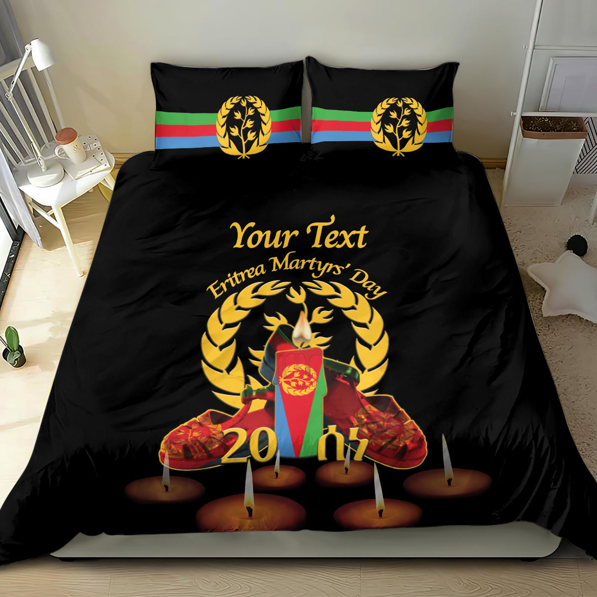 Black bedding set with two pillow shams, flag stripes, and candle emblem graphic
