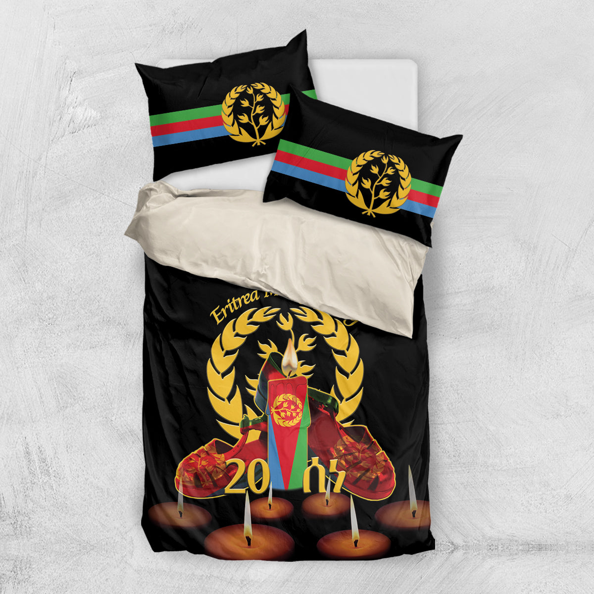 Black and cream bedding set with pillow shams showing candle emblem and flag stripes