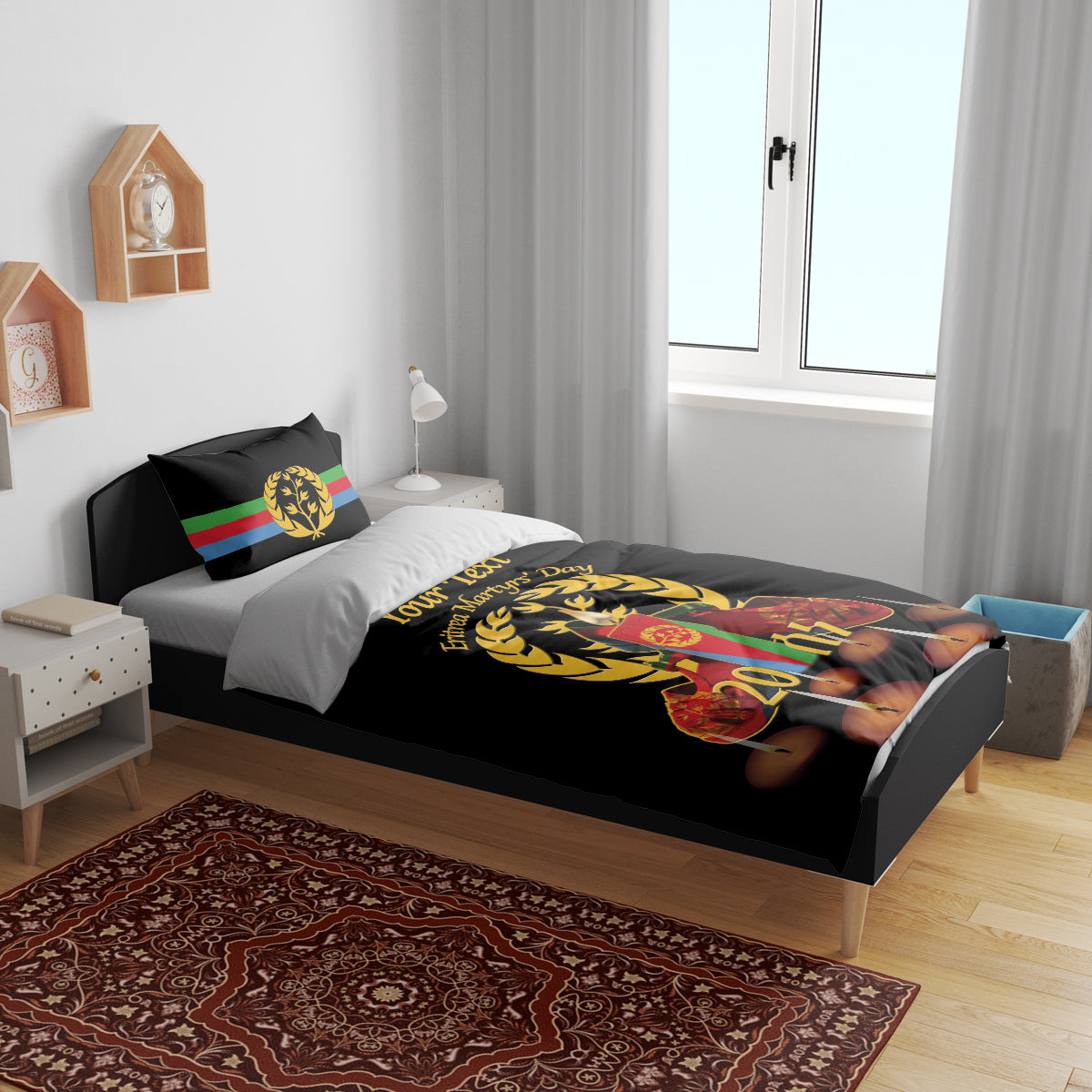 Black duvet cover with flag-striped pillows and candle memorial design