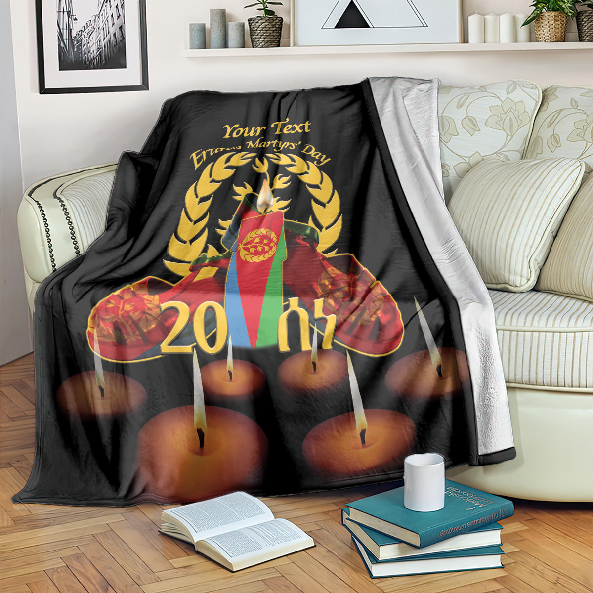 Black custom blanket with gold laurel emblem, candles graphic, and 'Your Text' title