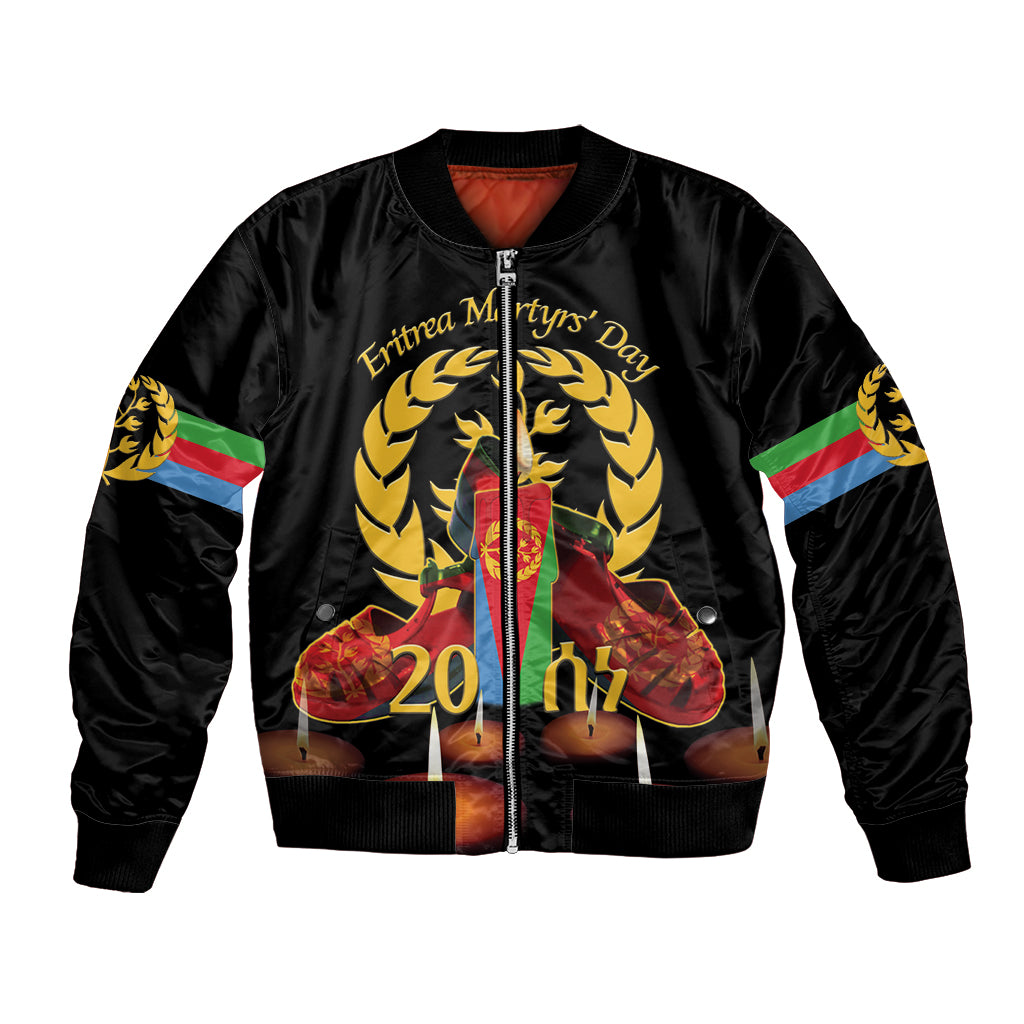 Black bomber jacket with laurel crest, Eritrea Martyrs' Day text, candle graphic