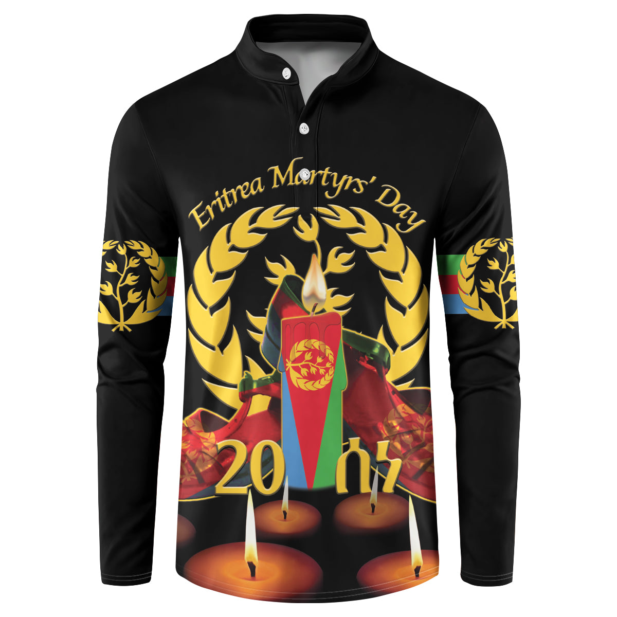 Black long-sleeve button sweatshirt with front graphic, candles, and gold laurel
