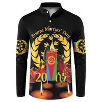 Black long-sleeve button sweatshirt with front graphic, candles, and gold laurel