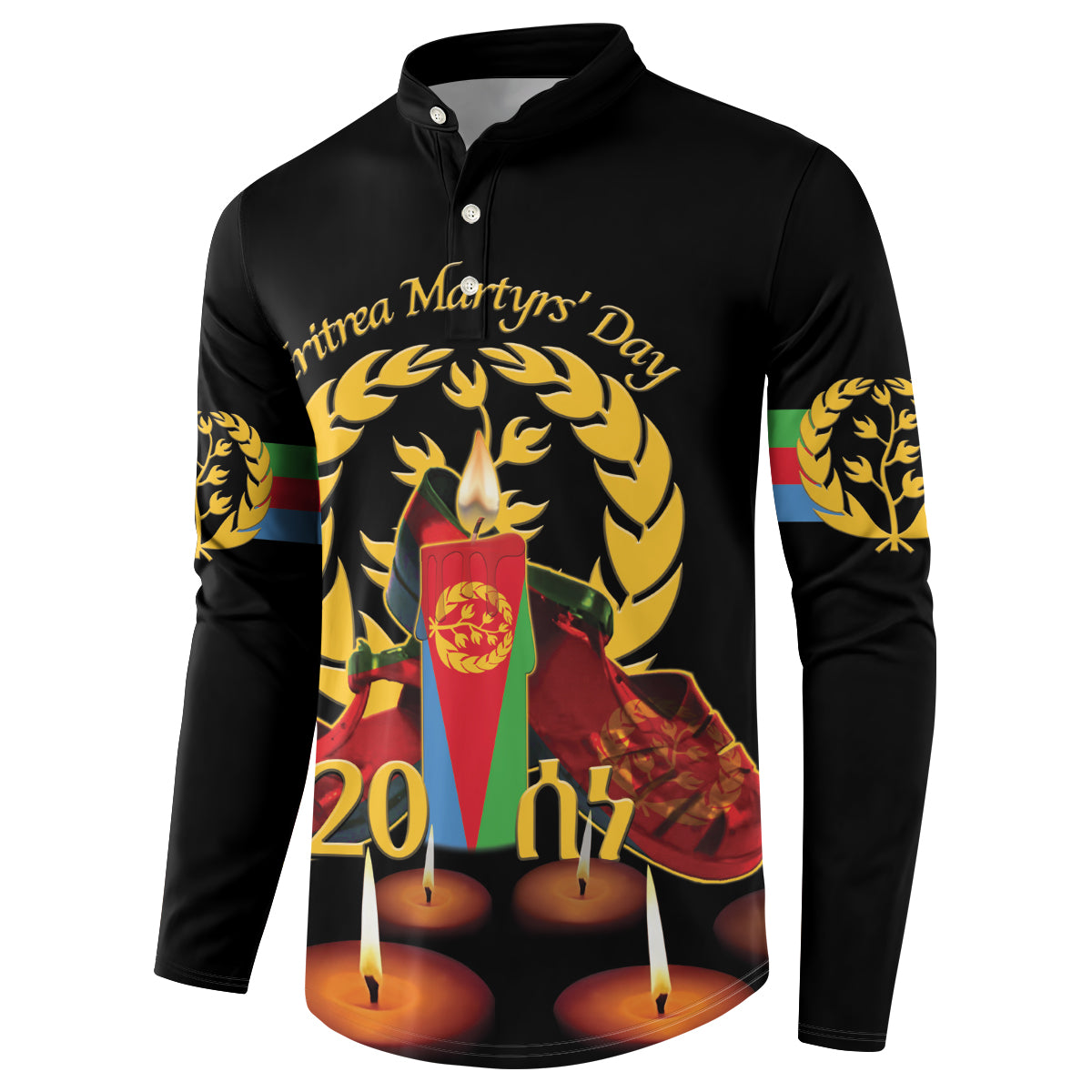 Black long-sleeve button sweatshirt with candle scene, gold laurel, and side sleeves