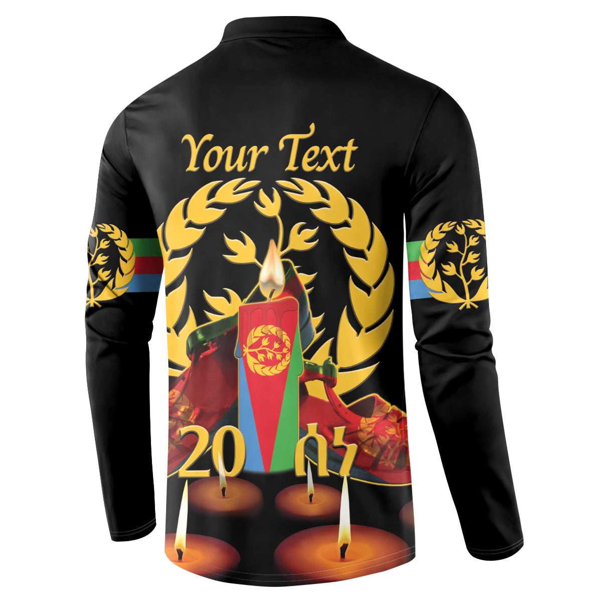 Black long-sleeve button sweatshirt with gold laurel and candle graphic