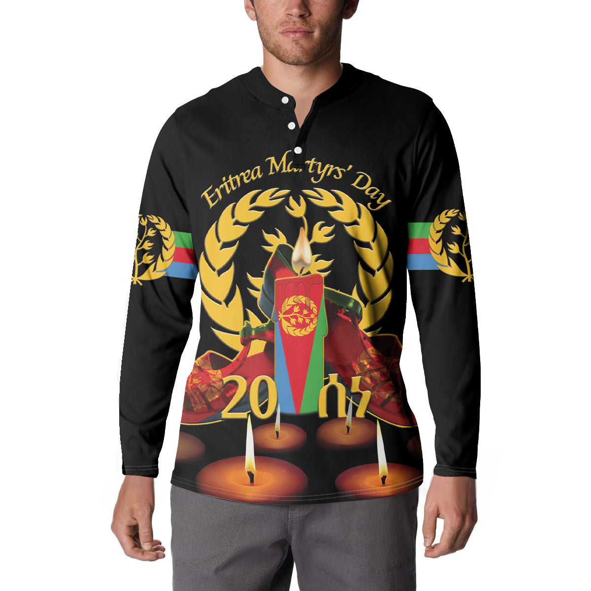 Black long-sleeve button sweatshirt with printed front design and gold laurel