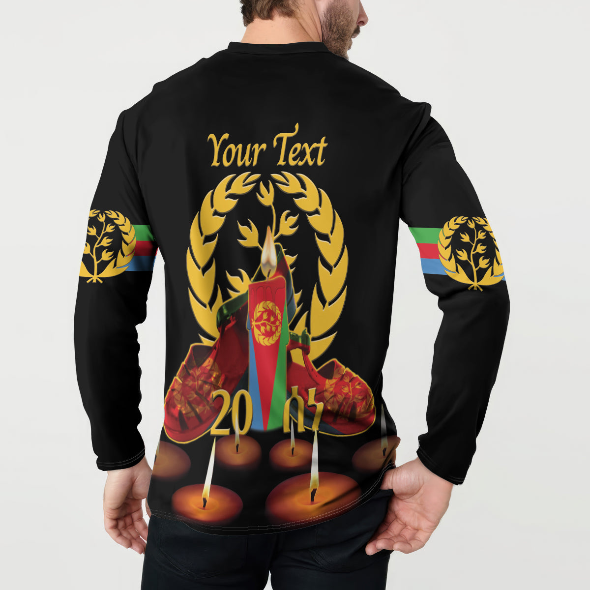 Black button sweatshirt back view with gold laurel, candles, and “Your Text”