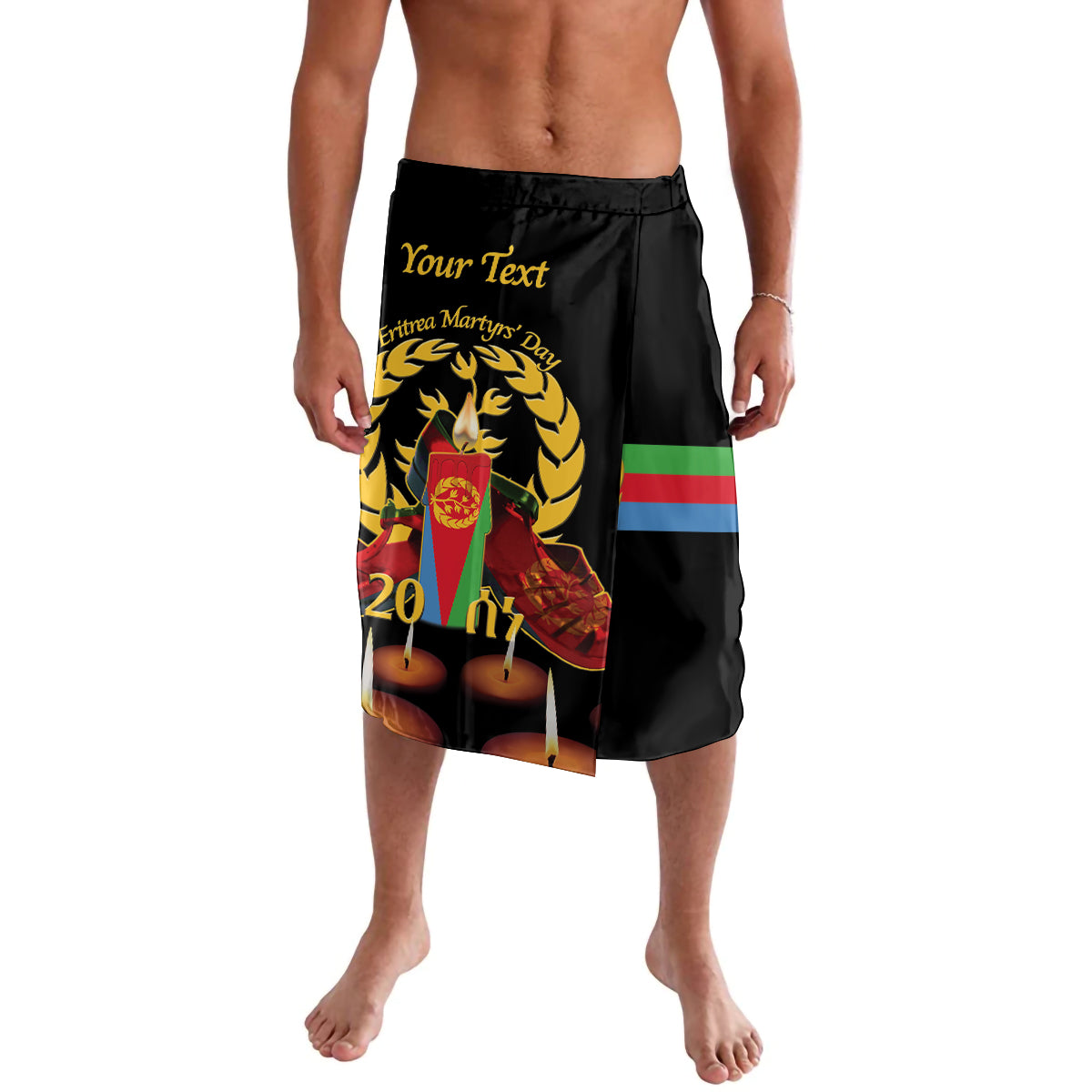 Black board shorts with front photo graphic, lion emblem, and Eritrea flag stripes