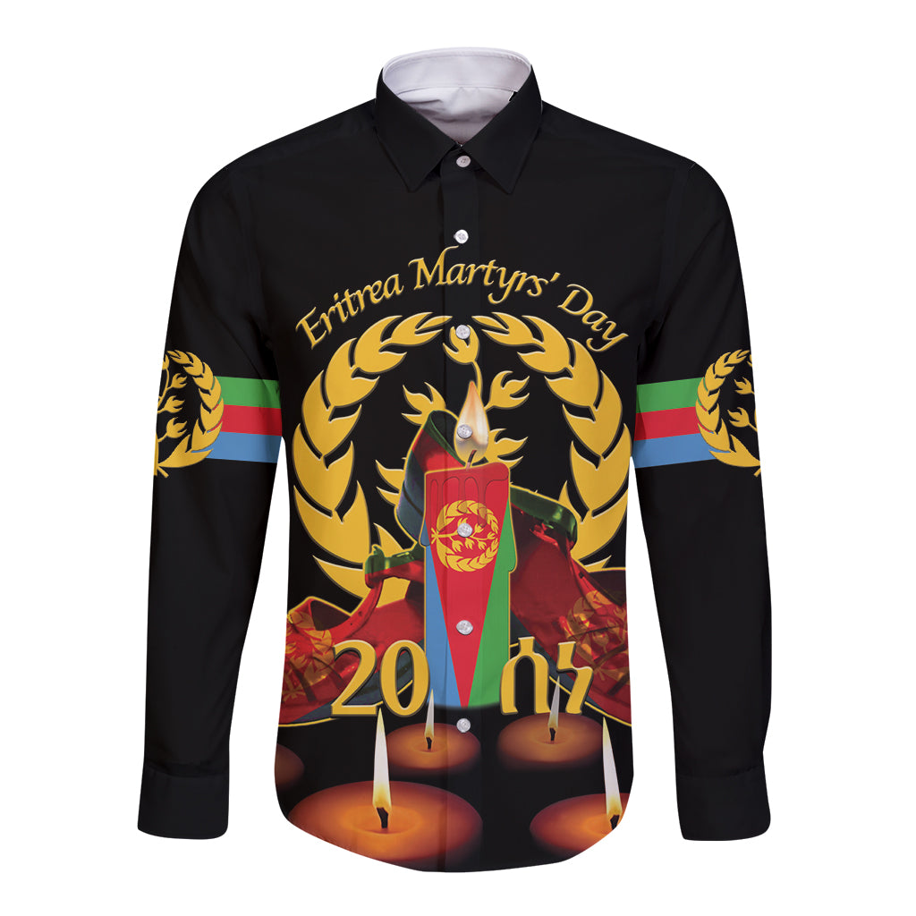 Black long-sleeve button shirt, front graphic with Eritrea Martyrs' Day text, laurel and candles