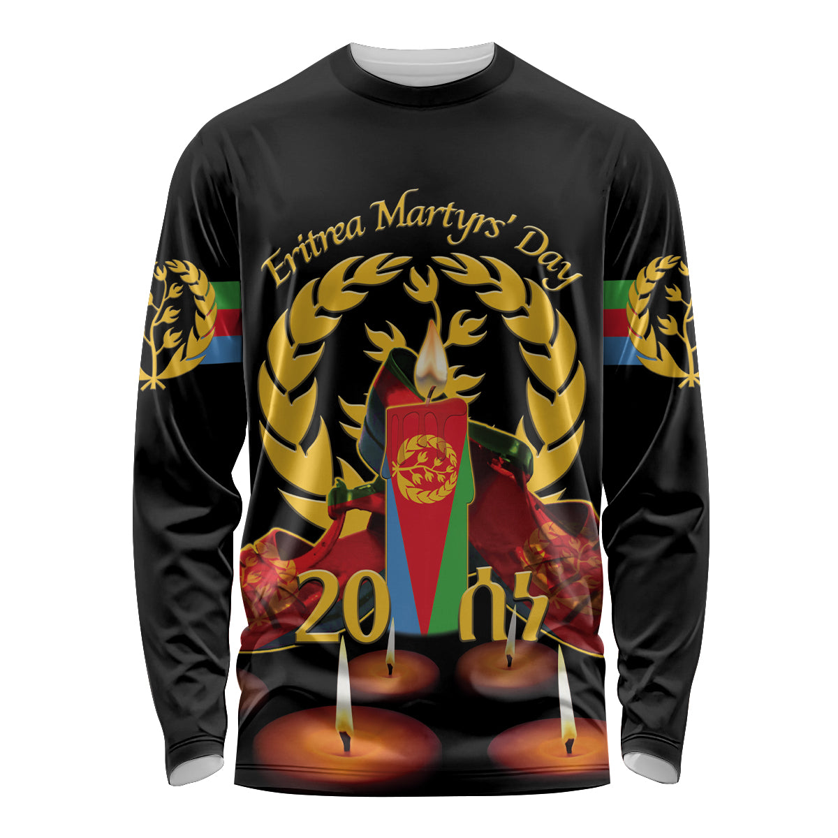 Black unisex long sleeve shirt with front graphic, gold laurel, candles, 20 and 14