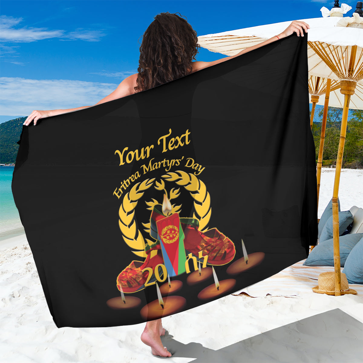 Black commemorative sarong with gold “Your Text” and wreath/candles graphic