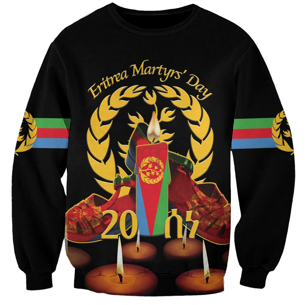 Black unisex sweatshirt with 'Eritrea Martyrs' Day' graphic, candles, laurel, 20 11