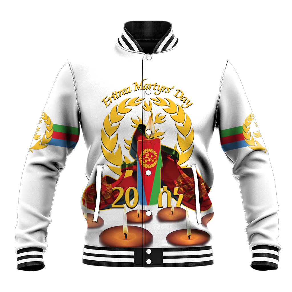 White unisex baseball jacket with zip; front laurel emblem, candles, striped trim