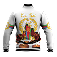 White unisex baseball jacket, ribbed striped cuffs; back laurel emblem with candles