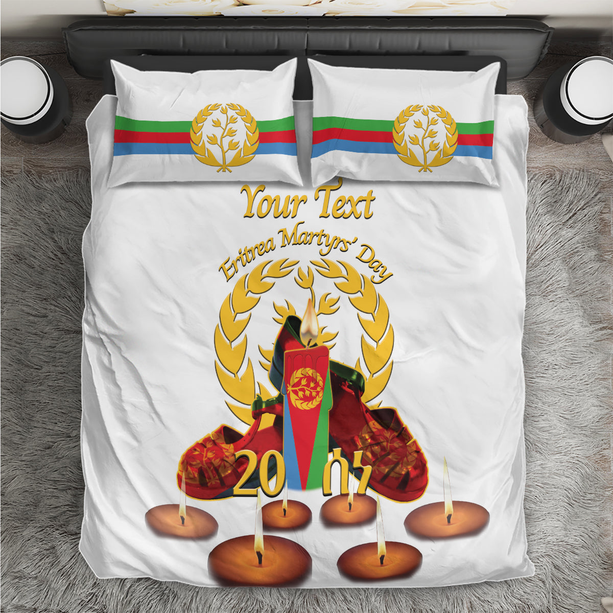 White duvet cover and pillowcases with gold wreath, candles, and flag emblem