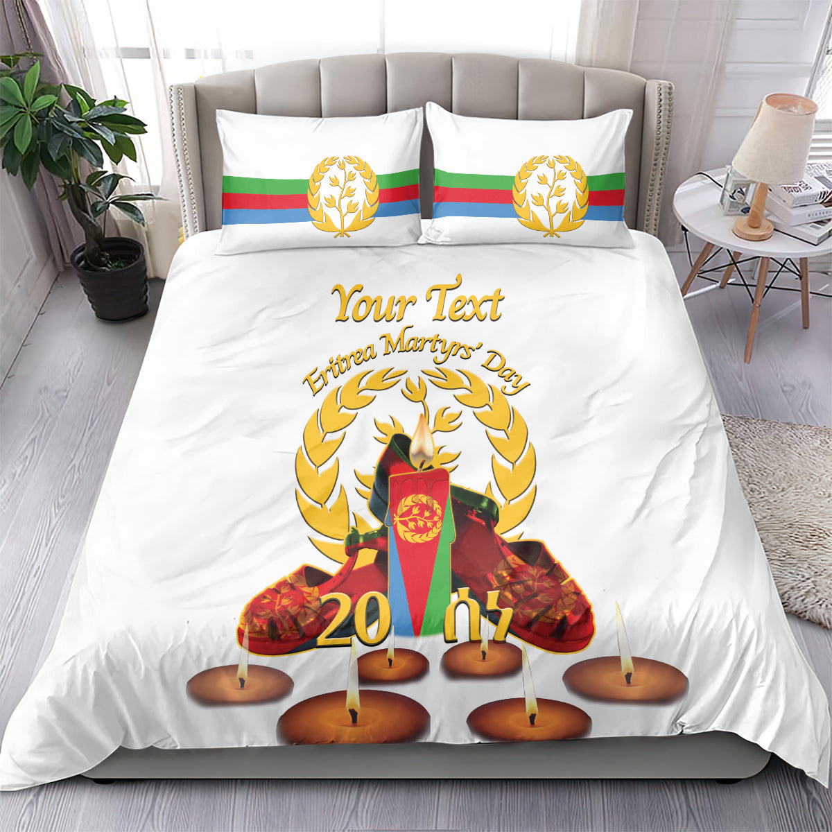 White bedding set with large candle illustration, gold wreath, and flag emblem
