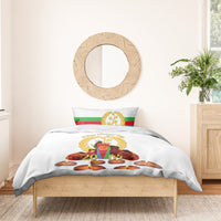 White duvet cover with candle and wreath artwork, flag stripes, and bed-ready fit