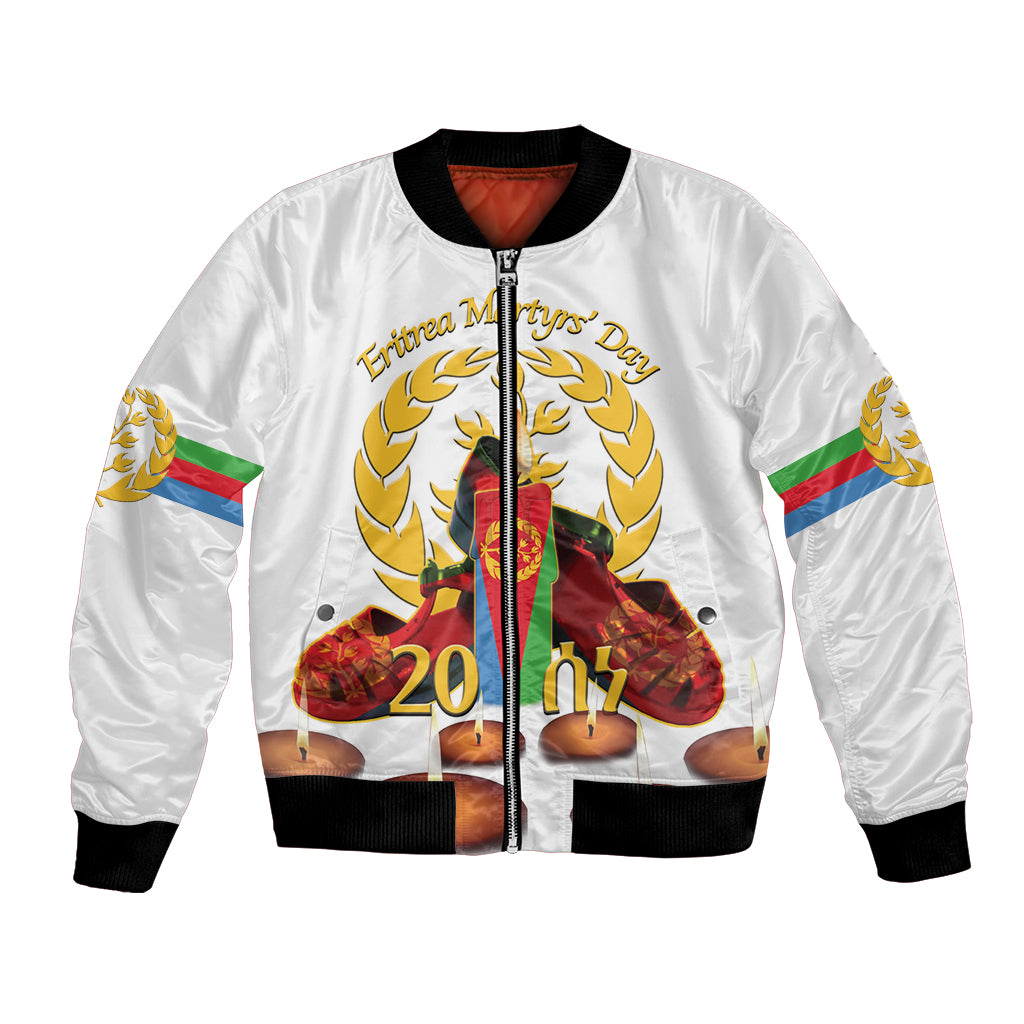 White bomber jacket, black rib cuffs, Eritrea flag sleeves, candle graphic front
