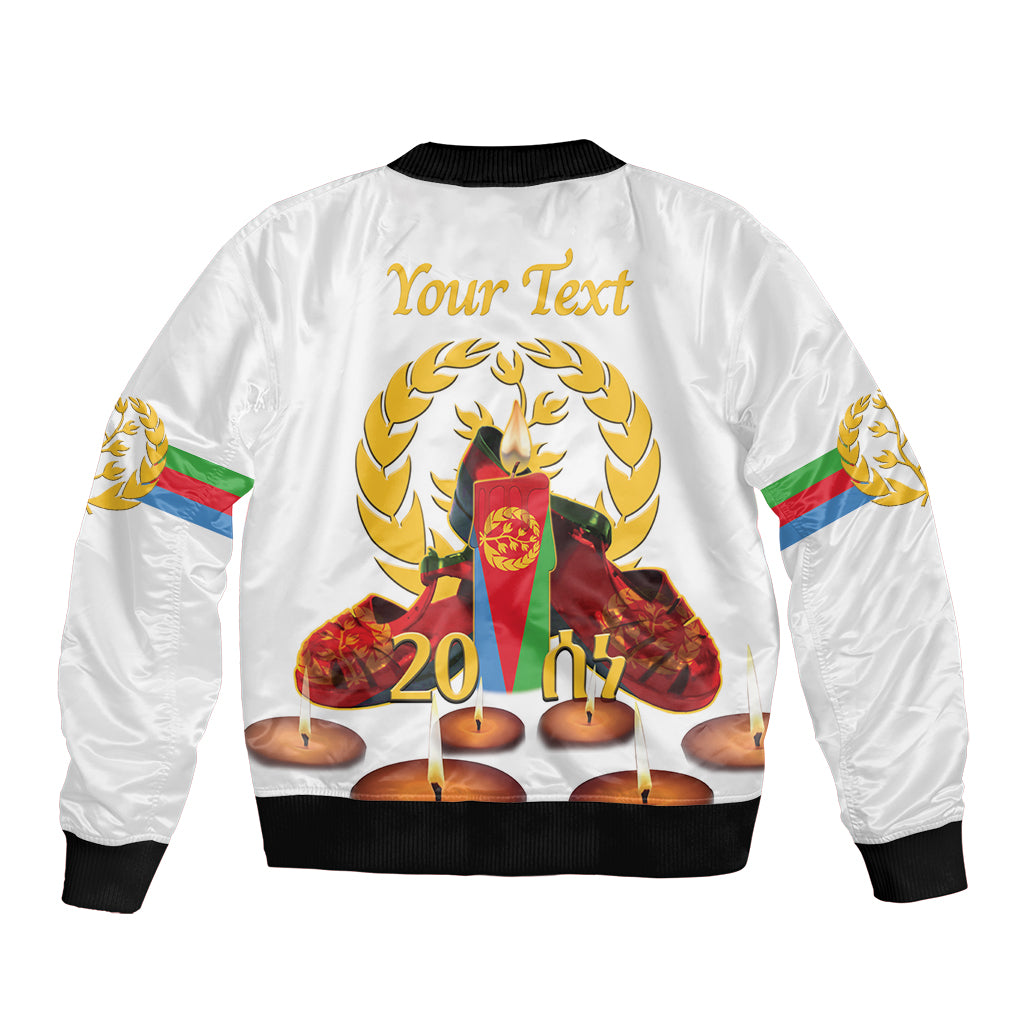 White bomber jacket back with Your Text, Eritrea flag sleeves, candle graphic