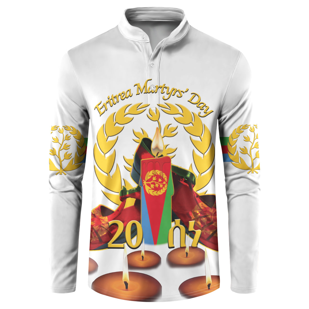 White button-front sweatshirt with Eritrea Martyrs' Day graphic, candles and wreath