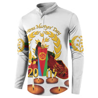 White button-front sweatshirt with laurel wreath and candles graphic