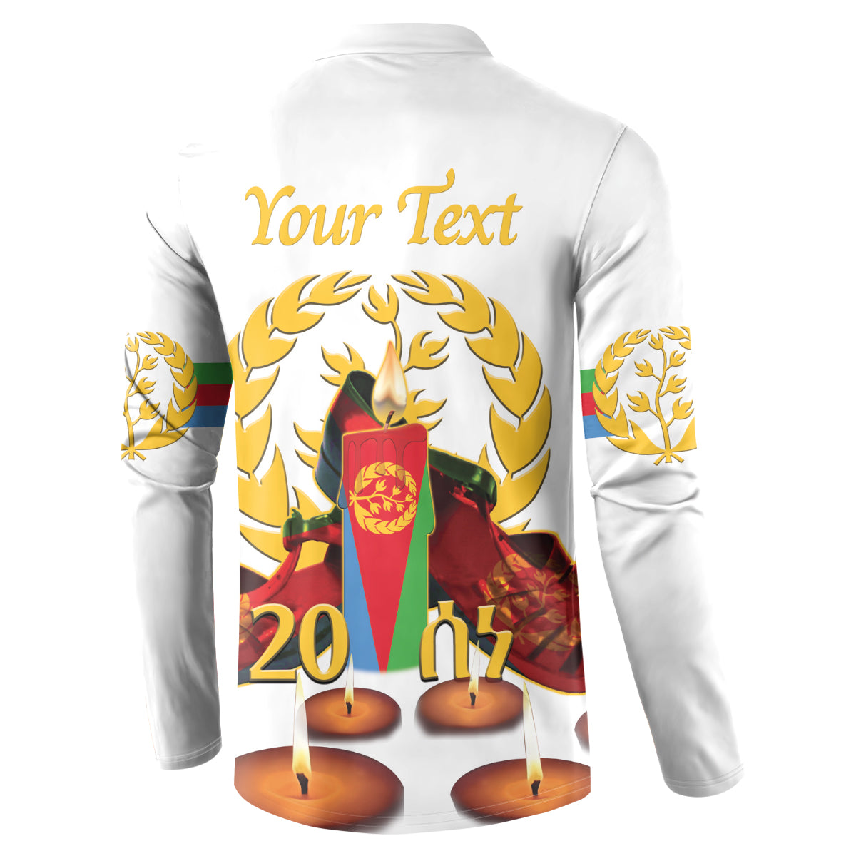 White back-view sweatshirt with 'Your Text', candles and laurel wreath artwork