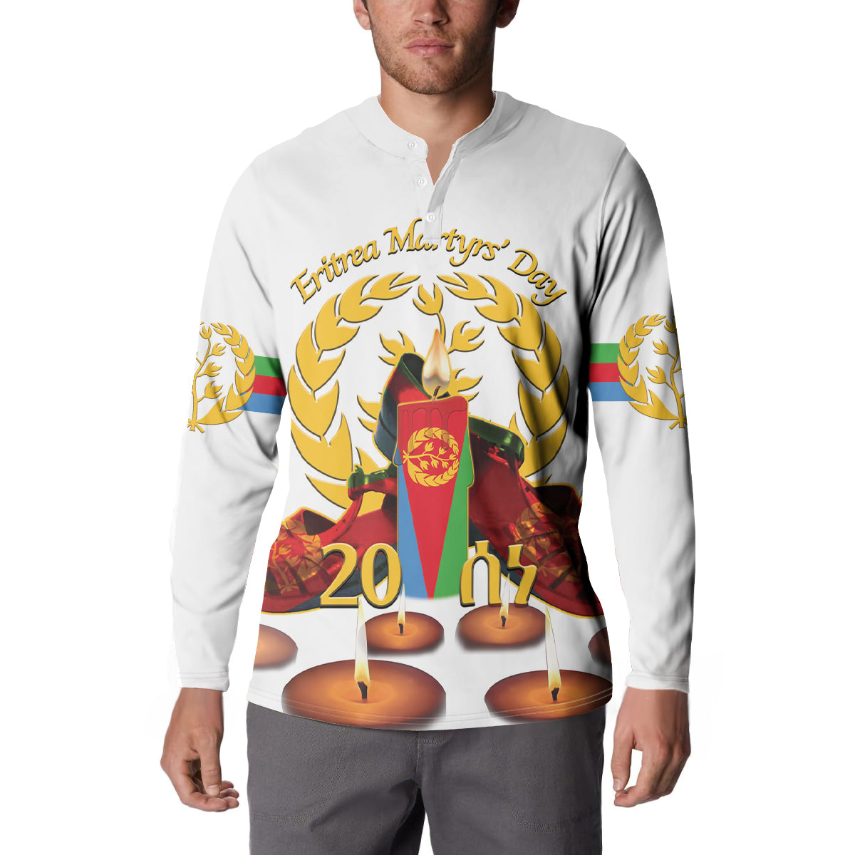 White button-front sweatshirt with candles and laurel wreath graphic