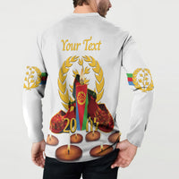 White sweatshirt back view with 'Your Text', candles and laurel wreath graphic