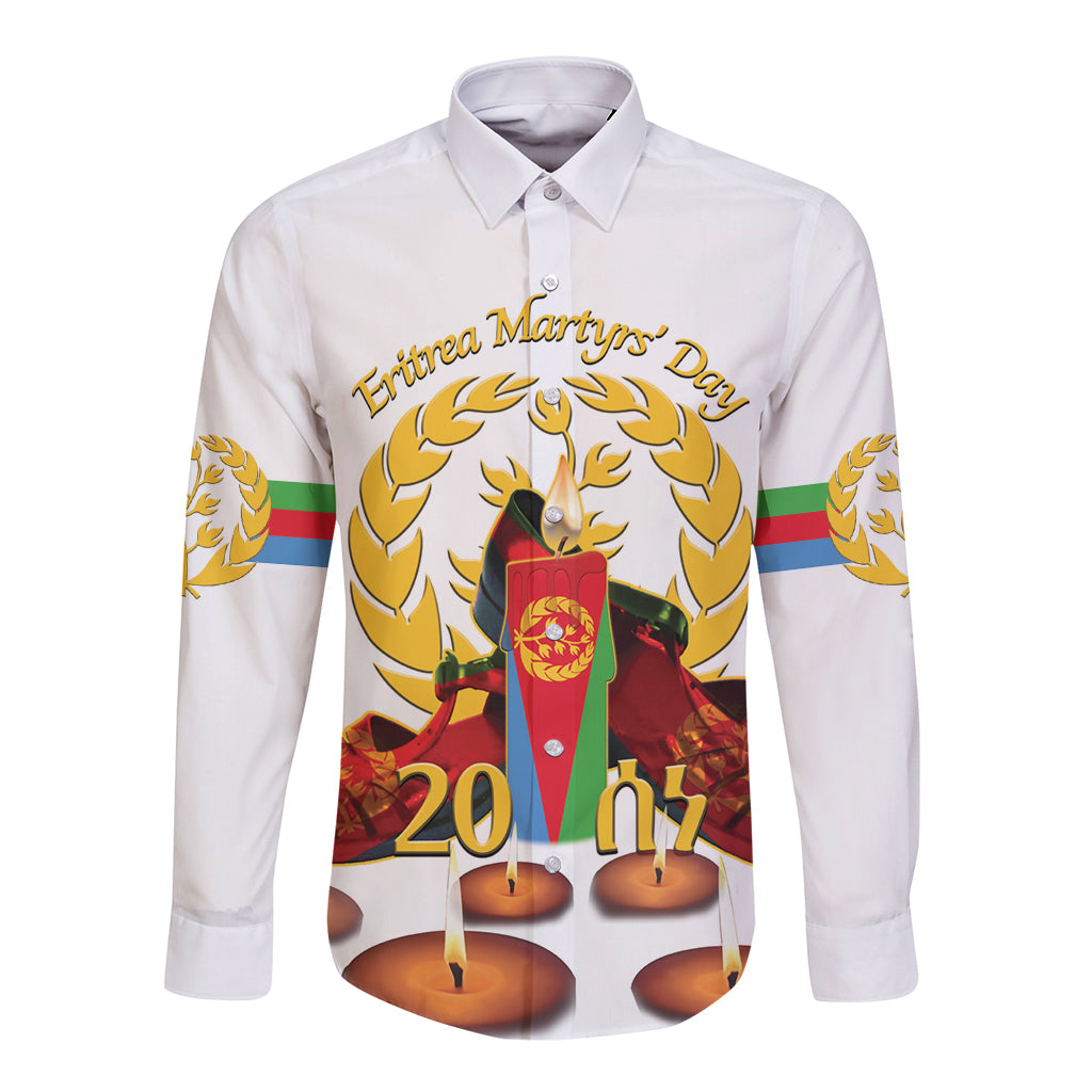 White long-sleeve button shirt with front Eritrea Martyrs' Day graphic