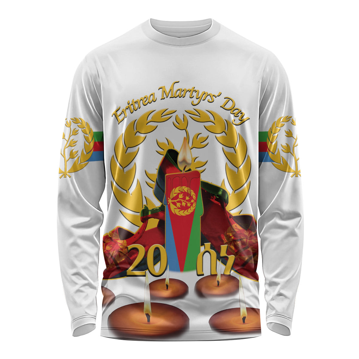 White long-sleeve shirt with front Eritrea martyrs graphic and candle accents
