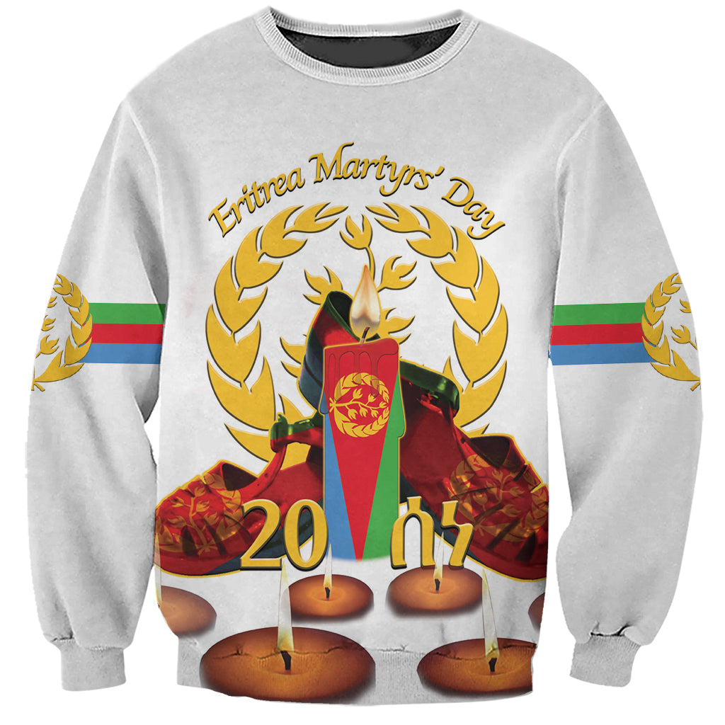 Unisex white sweatshirt with front graphic: laurel wreath, candles, Eritrea Martyrs' Day text