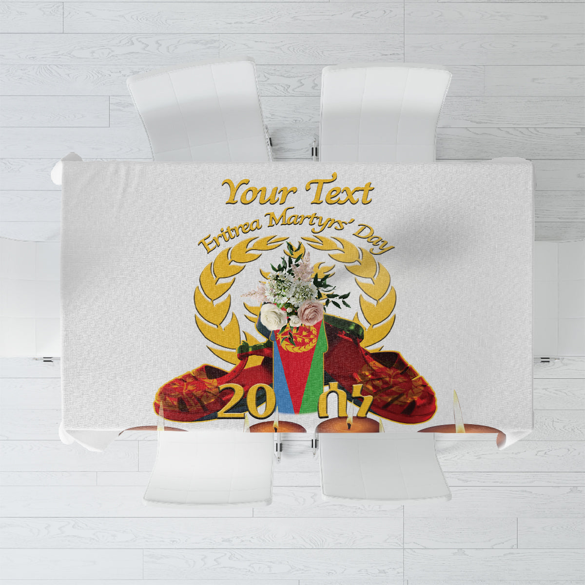 White tablecloth with central printed crest, candle motifs, and 'Your Text' header