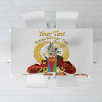 White tablecloth with central printed crest, candle motifs, and 'Your Text' header