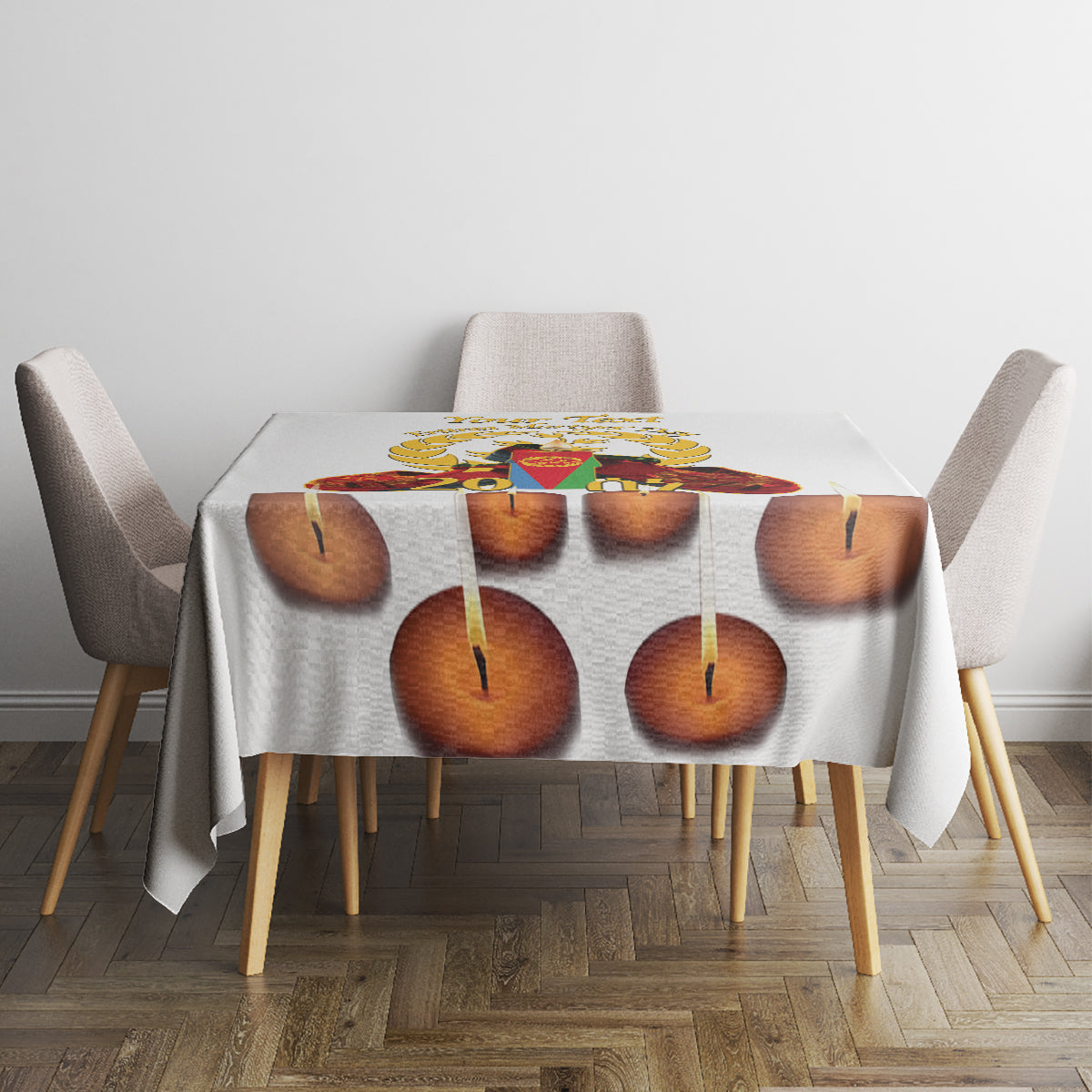 White tablecloth with printed candle flames pattern, draped over dining table and chairs