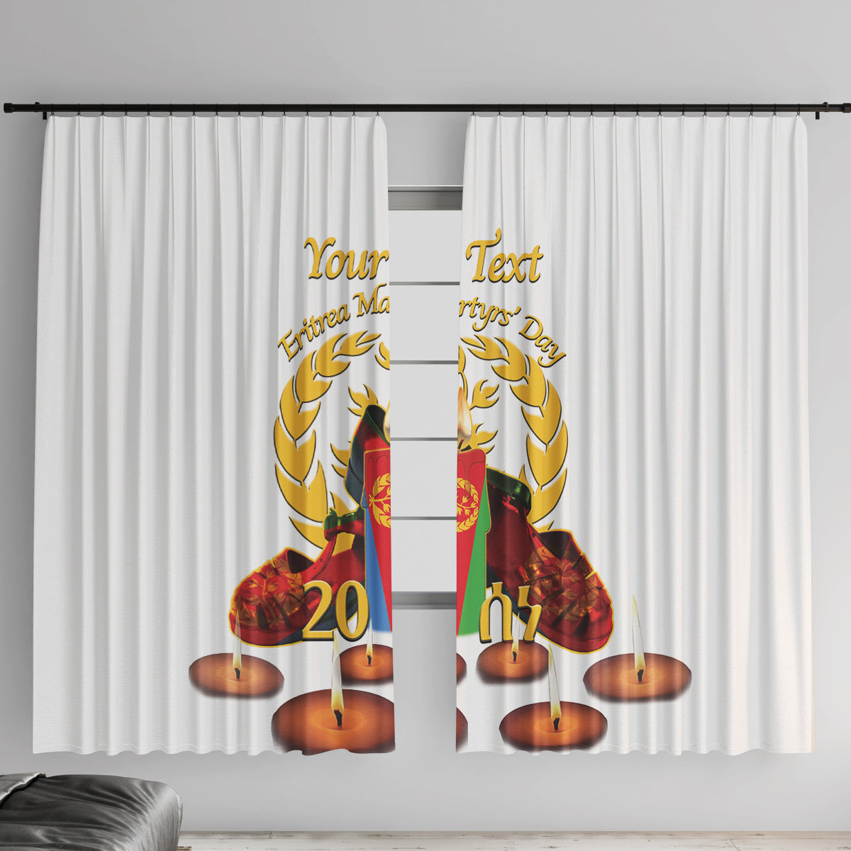 White window curtain with Eritrea martyrs day design and candle-and-shoes print on both panels