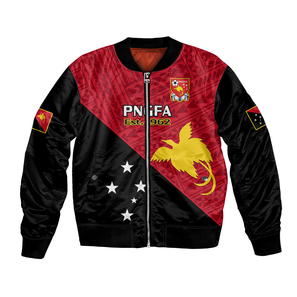 Red and black football bomber jacket with full zip and crest on chest, patterned sleeves