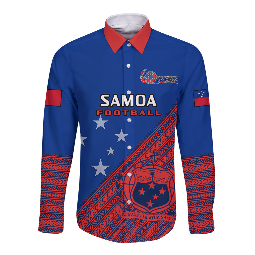 Blue long-sleeve button football shirt with red collar and Samoa crest front graphic