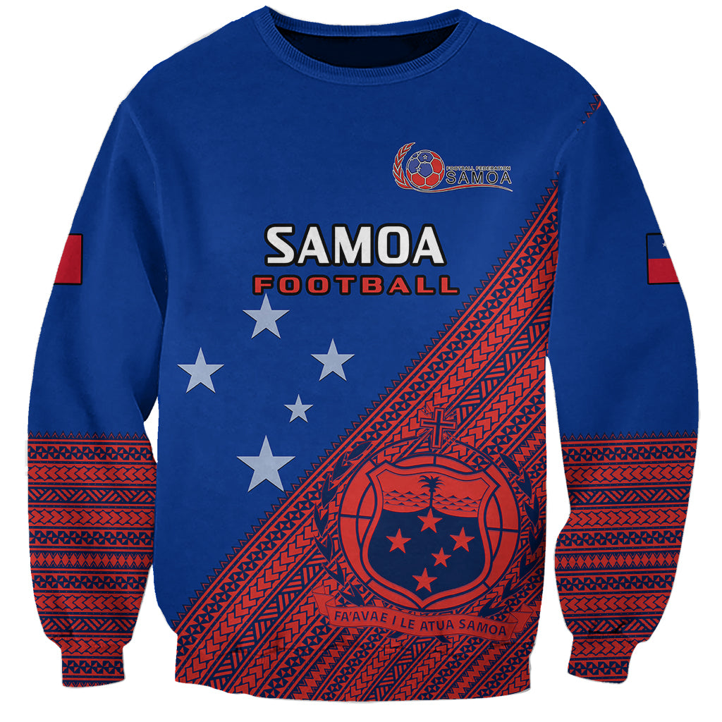 Blue football sweatshirt with Samoa graphic, red patterned sleeves and crest
