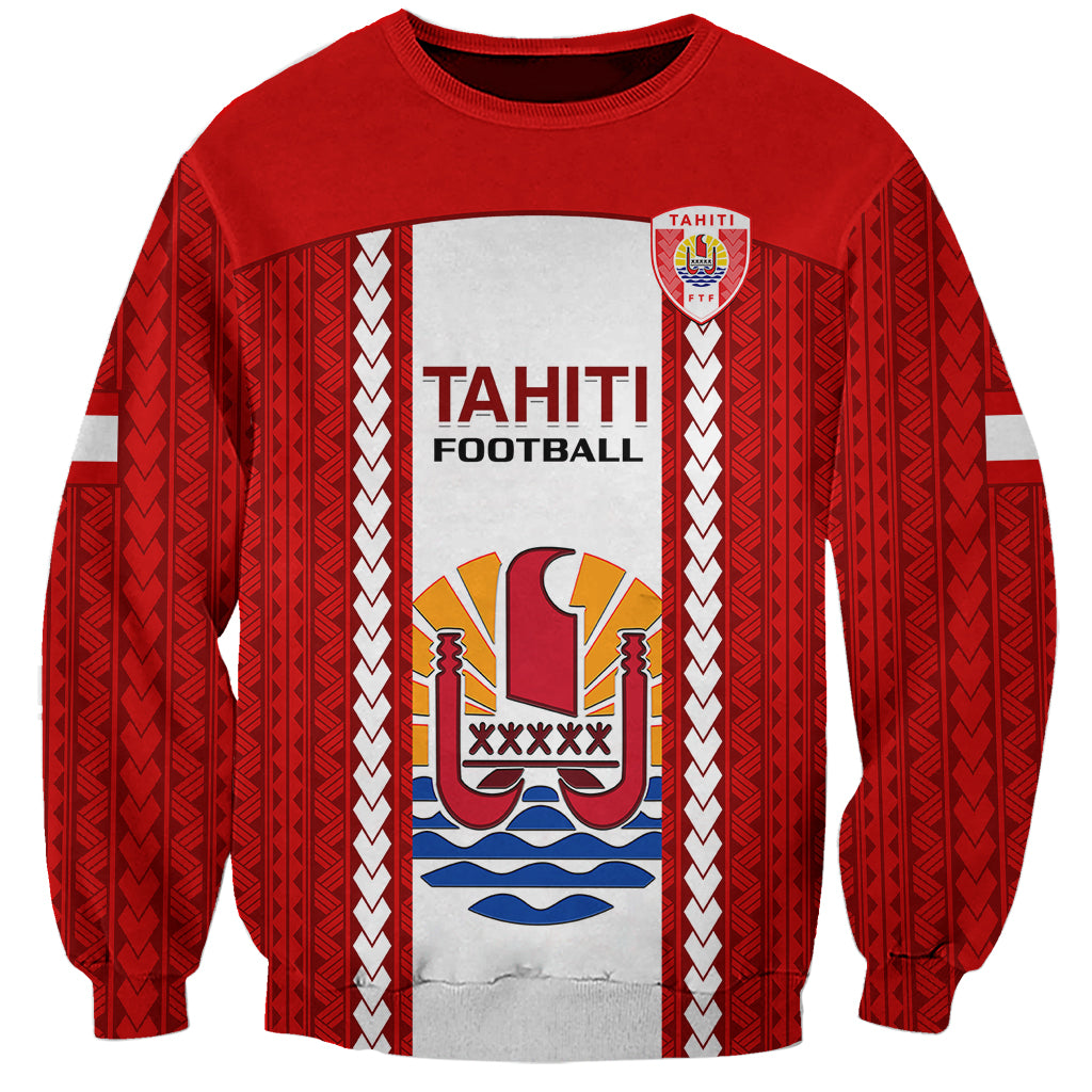 Red Tahiti football sweatshirt with crest and vertical stripe graphic on front