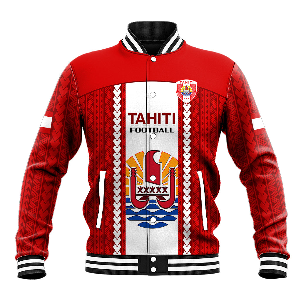 Red Tahitian football baseball jacket with white front panel, crest graphic, striped rib trim