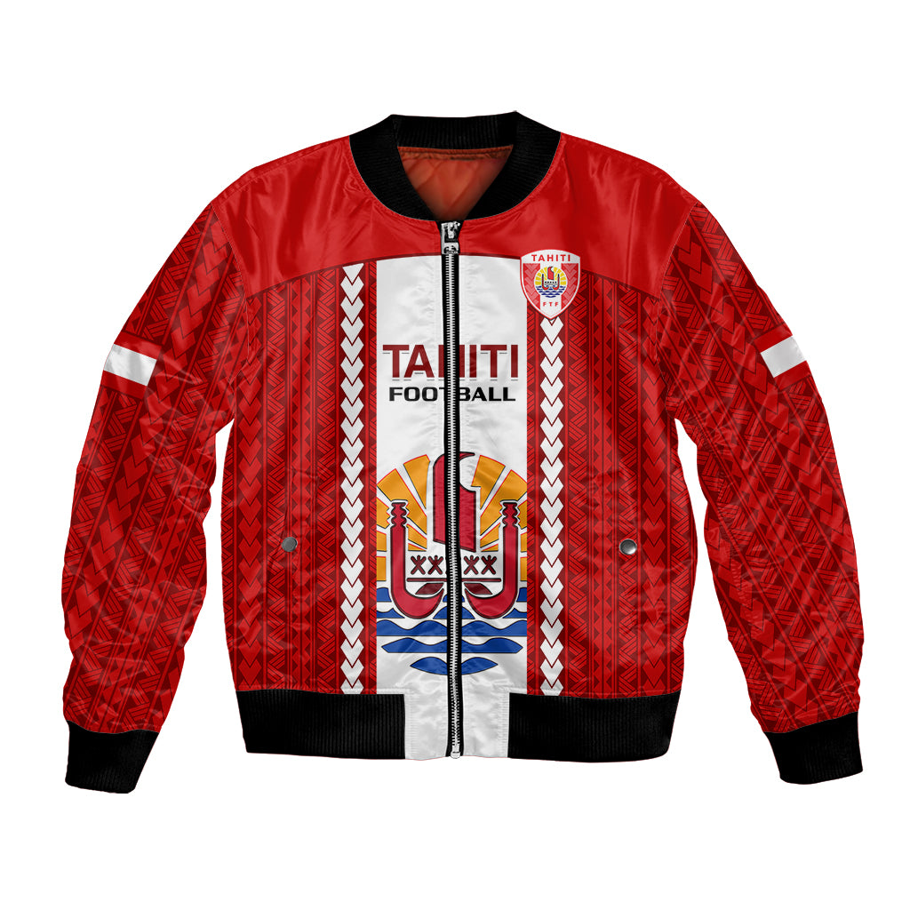 Red zip-up football bomber jacket with Tahiti crest, white/black trim and striped panels