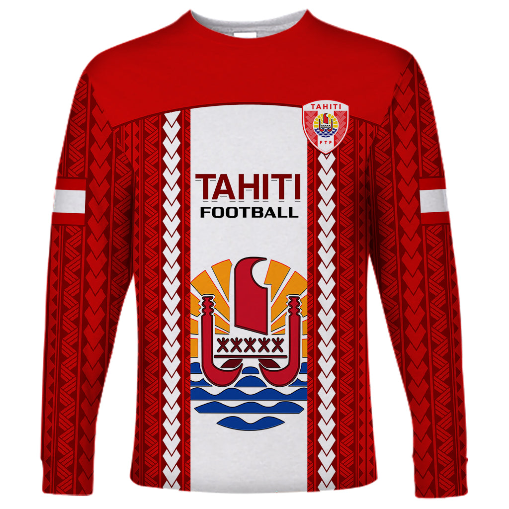 Red long-sleeve Tahiti football shirt with crest, “TAHITI FOOTBALL” and patterned sides