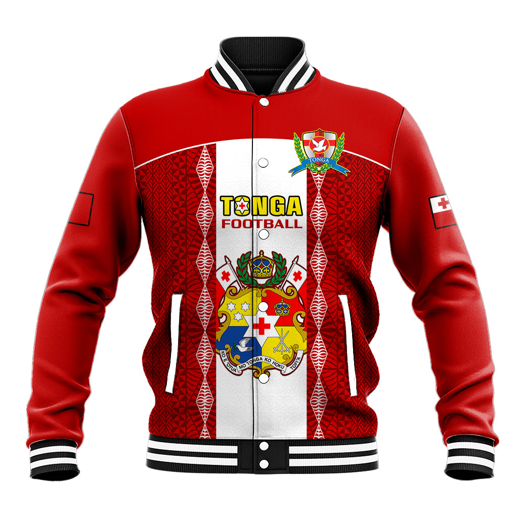 Red Tonga football baseball jacket with white front panel, striped collar, crest graphic