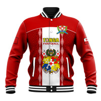 Red Tonga football baseball jacket with white front panel, striped collar, crest graphic