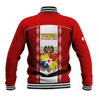Red Tonga football baseball jacket back with white center stripe, striped cuffs, crest emblem