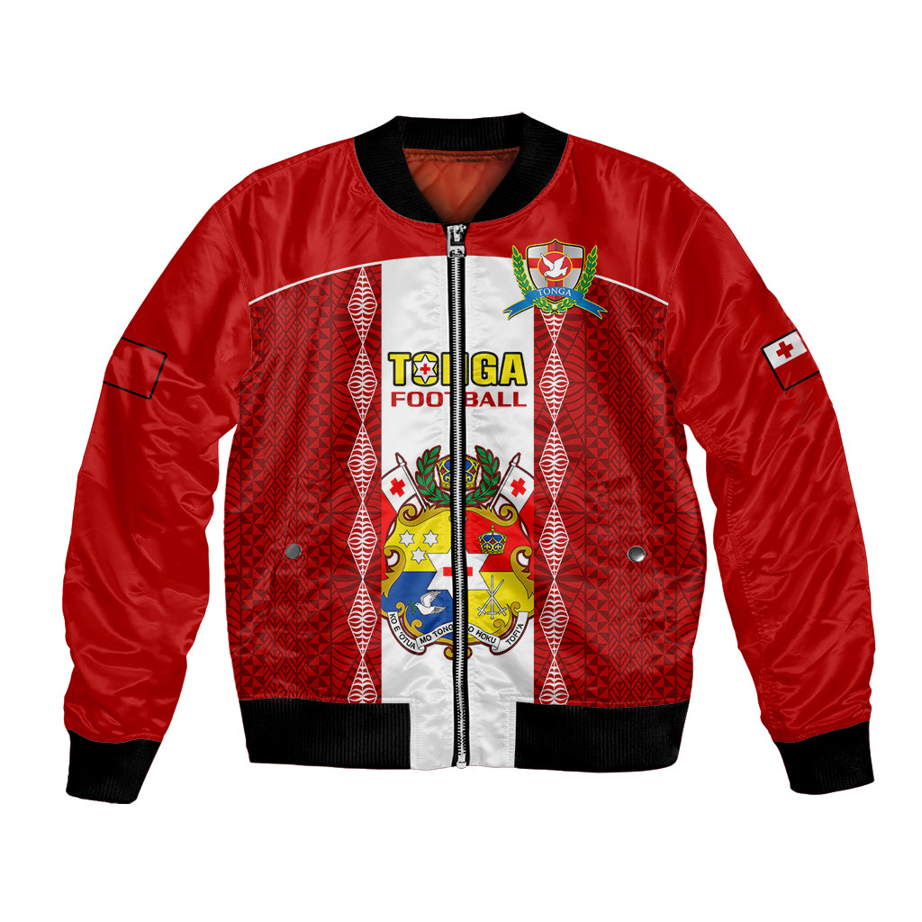 Red bomber jacket with black ribbed cuffs, zip front, and Tongan ngatu style crest